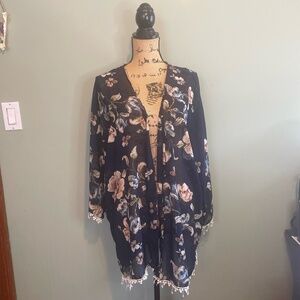 Liberty Love Womens Floral Boho Beach Summer Sheer Kimono Cover Up Navy Large